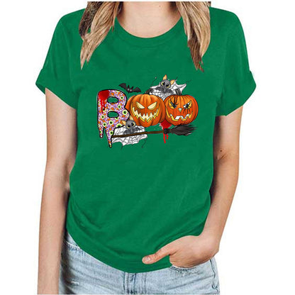 Cartoon Halloween Pumpkin Print Cross-Border Spring and Summer New Spot Multi-Color Cvc Pull-Up 180g Round Neck Short Sleeves