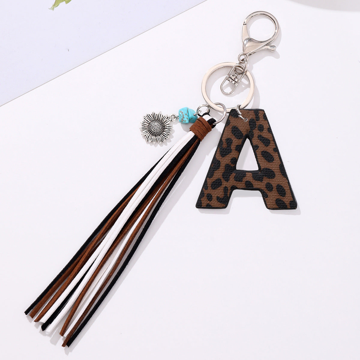 New Western Denim Style Leopard Oil-trimmed Leather Letter A Korean Velvet Tassel Combination Keychain Pendant Bag
