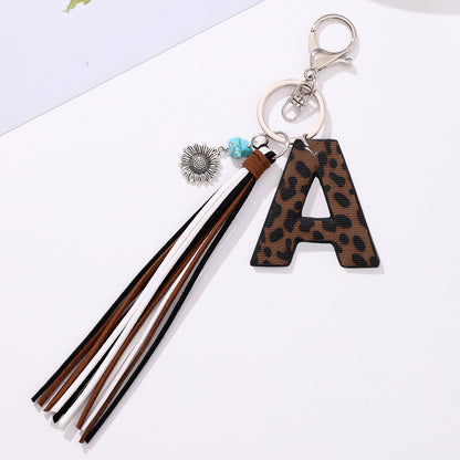 New Western Denim Style Leopard Oil-trimmed Leather Letter A Korean Velvet Tassel Combination Keychain Pendant Bag