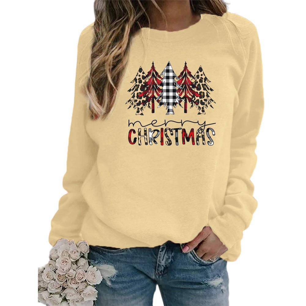 Leopard Red Plaid Christmas Tree Merry Christmas Print Round Neck European and American Women's Autumn and Winter Sweat