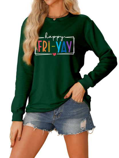 Amazon Ebay Round Neck Sweatshirt Happy Fri Yay Fun Letters Casual Fashion Long-Sleeved Tops in Stock