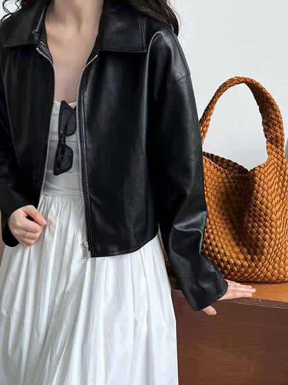 cool handsome high sense ~ lapel leather coat women's spring and autumn Hong Kong style PU leather jacket motorcycle top trendy 9595
