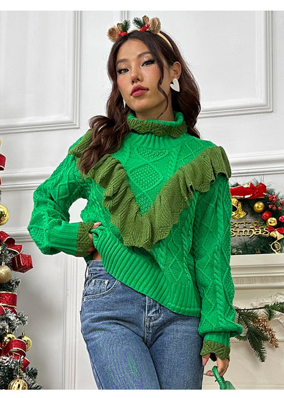 Amazon 2023 new Christmas half turtleneck sweater women's autumn and winter ruffled twisted pullover sweater women