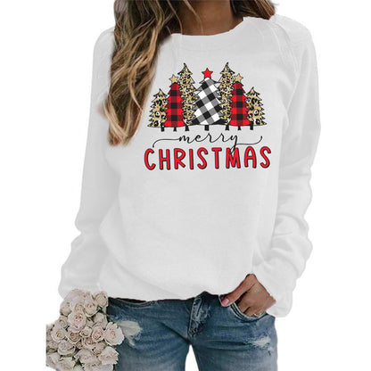 Plaid Christmas Tree merry Christmas Printed Round Neck Sweat European and American Women's Autumn and Winter Top Cross Border
