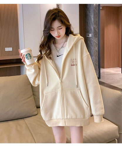 Embroidered Pattern Hooded Sweatshirt Girls' Cardigan Jacket 2026 Spring, Autumn and Winter New Style Lazy Style Loose Long-Sleeved Top