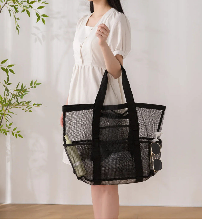 Korean Mesh Beach Bag Large Capacity Swimming Fitness Bag Travel Portable Storage Bag Multi-Pocket Swimsuit Storage Bag
