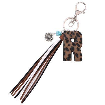New Western Denim Style Leopard Oil-trimmed Leather Letter A Korean Velvet Tassel Combination Keychain Pendant Bag