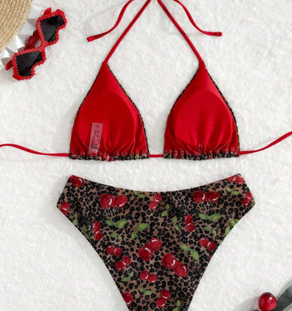 Amazon New Split Swimsuit Women Sexy Red Leopard Cherry Print European and American Bikini Foreign Trade Swimsuit
