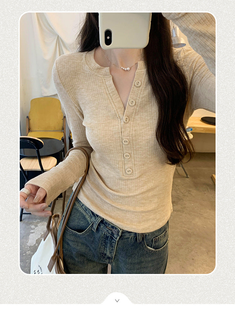 European in stock Korean Style Lazy Relaxation Inner Base T-shirt Women's Early Autumn New Style Elegant Slim-fit Half-open Collar