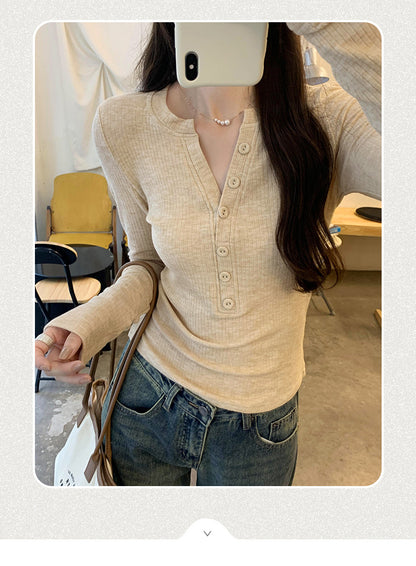 European in stock Korean Style Lazy Relaxation Inner Base T-shirt Women's Early Autumn New Style Elegant Slim-fit Half-open Collar