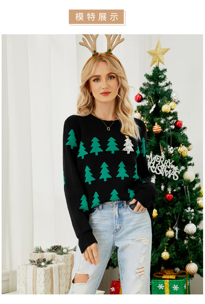 Shein Amazon European and American Clothing Autumn and Winter Pullover Jacquard Christmas Tree Knitwear Long-Sleeved Red Christmas Knitwear