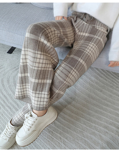 24 Autumn and Winter New High Waist All-match Casual Wide-leg Pants Women's Straight Loose Plaid Trousers 100 Wool Thickened