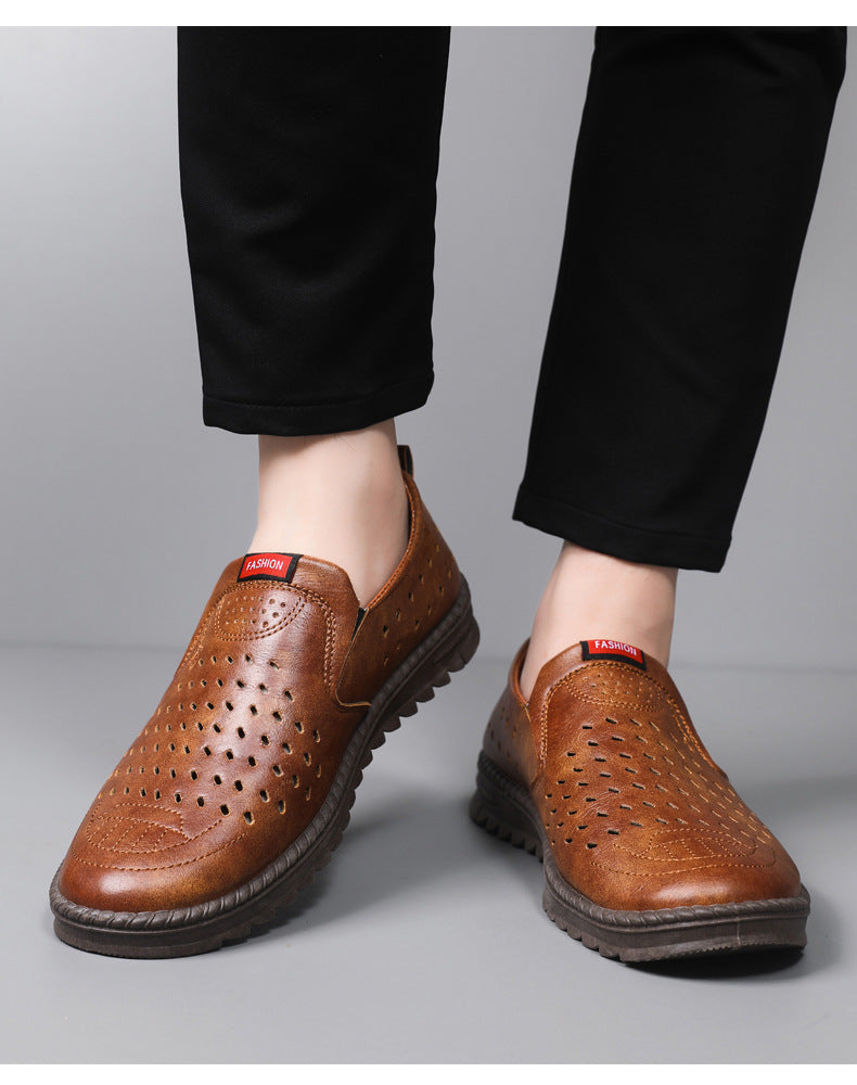 Hollow-Out Leather Shoes for Men, Summer Breathable Soft Leather Low-Top Business Casual Versatile Slip-On Perforated Dad Shoes