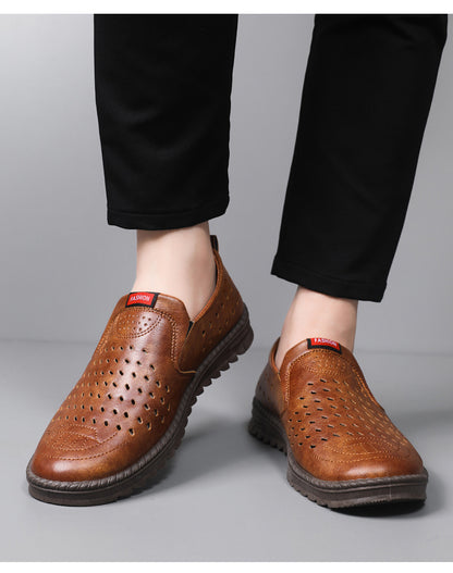 Hollow-Out Leather Shoes for Men, Summer Breathable Soft Leather Low-Top Business Casual Versatile Slip-On Perforated Dad Shoes