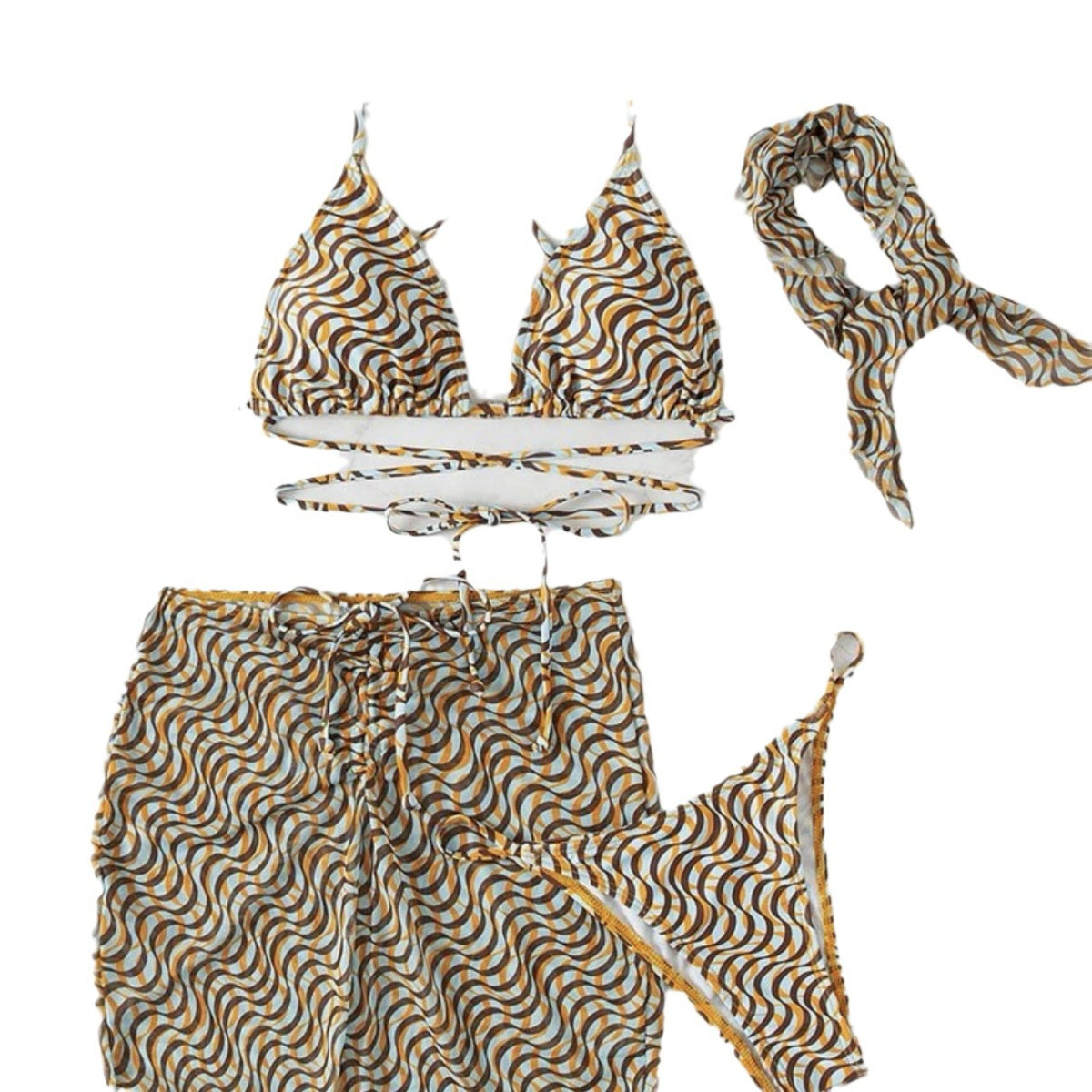 2025 European and American New Drawstring Straps Sexy Three-Piece Swimsuit Bikini Bikini with Veil Cross-Border