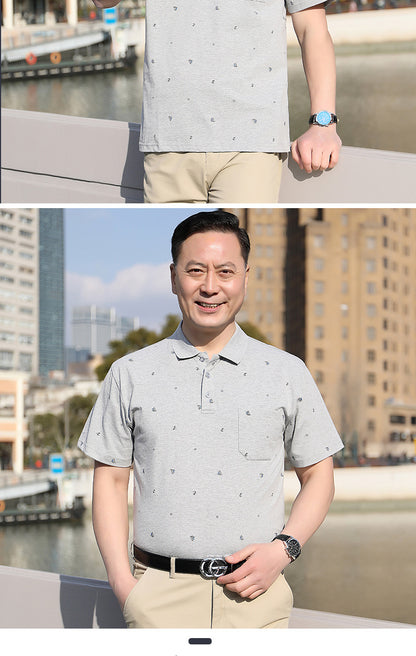 Middle-aged Men's Cotton Short-sleeved T-shirt Lapel Pocket Summer Middle-aged and Elderly plus size Half-sleeved Dad T-shirt Father