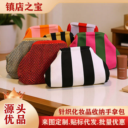Cross-Border Dropshipping Knitted Bag Striped Clutch Bag for Women Fly-Knit Cloud Versatile Stylish Portable Makeup Bag Large Capacity