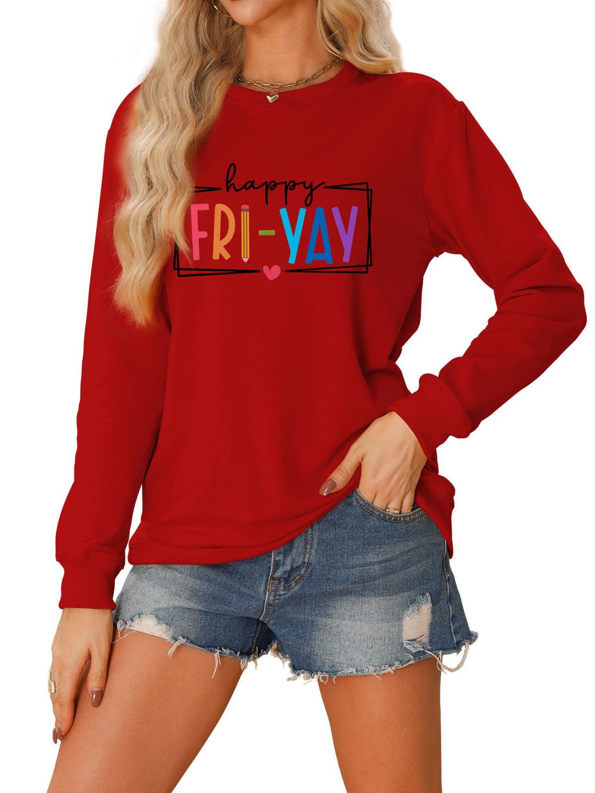 Amazon Ebay Round Neck Sweatshirt Happy Fri Yay Fun Letters Casual Fashion Long-Sleeved Tops in Stock