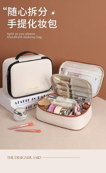 Multifunctional Partitioned Storage Pu Cosmetic Bag, Large Capacity, High-End Feel, Portable Hand-Held Makeup Brush Storage Bag