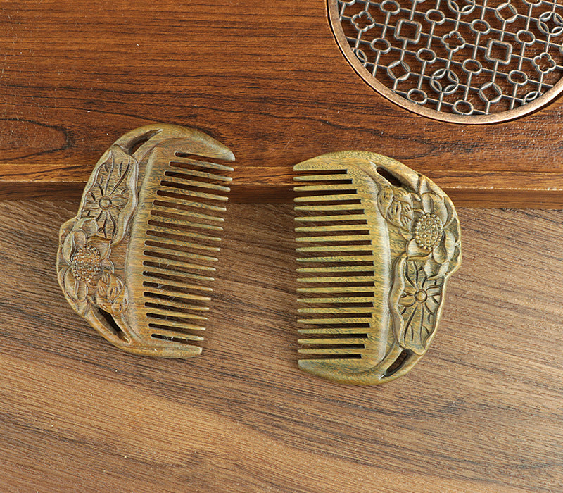 Golden silk sandalwood lotus fish carved massage comb scalp head massage wide tooth comb small comb solid wood comb meridian comb
