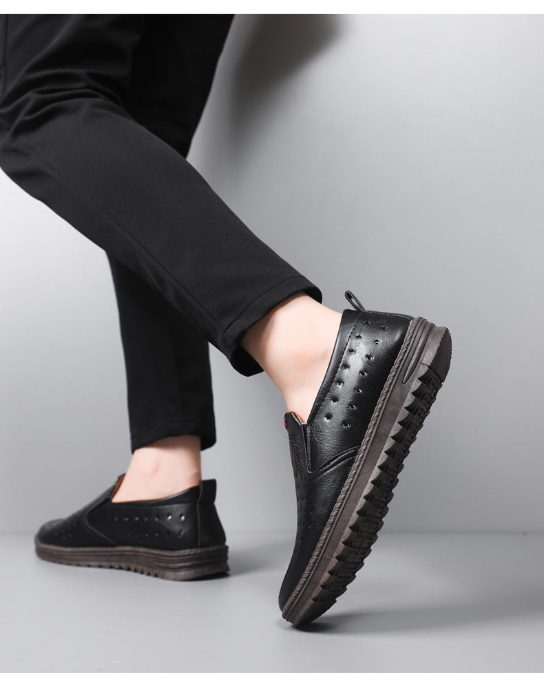 Hollow-Out Leather Shoes for Men, Summer Breathable Soft Leather Low-Top Business Casual Versatile Slip-On Perforated Dad Shoes