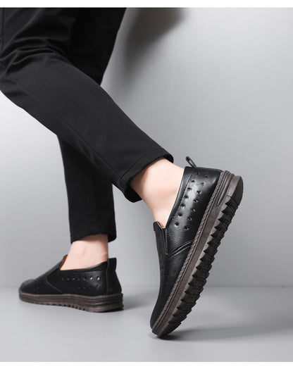 Hollow-Out Leather Shoes for Men, Summer Breathable Soft Leather Low-Top Business Casual Versatile Slip-On Perforated Dad Shoes