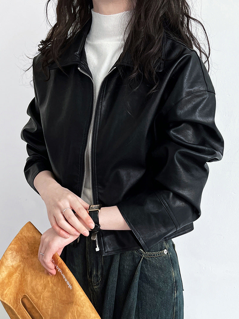 cool handsome high sense ~ lapel leather coat women's spring and autumn Hong Kong style PU leather jacket motorcycle top trendy 9595
