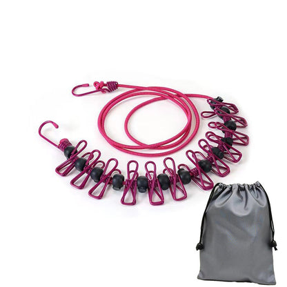 Creative Outdoor Elastic Windproof Clothesline with Positioning Clips, Korean Style Clothesline with 12 Windproof Clips