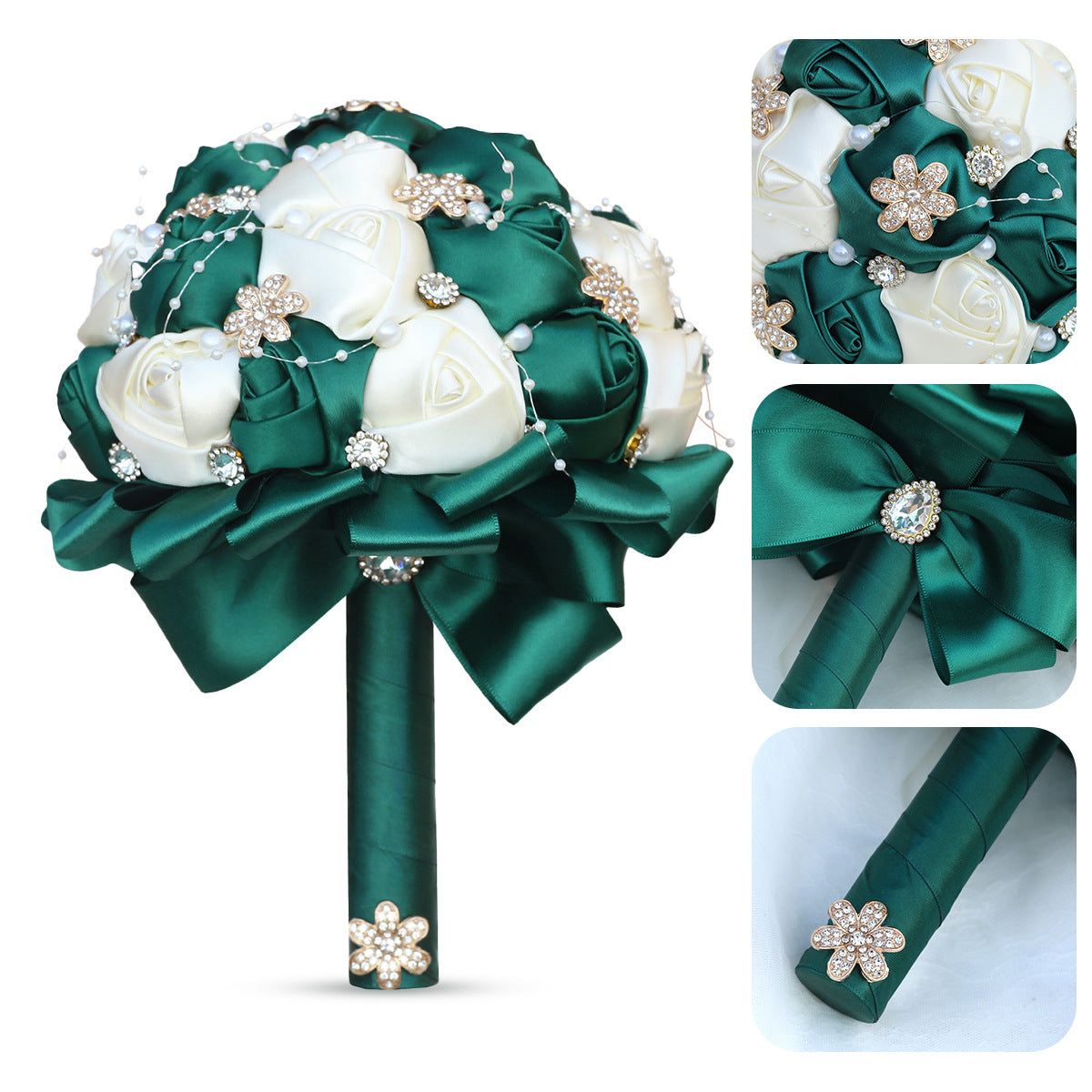 Amazon Supply Dark Green Bride Bridesmaid Simulated Satin Rose Bouquet Church Wedding Supplies Wholesale