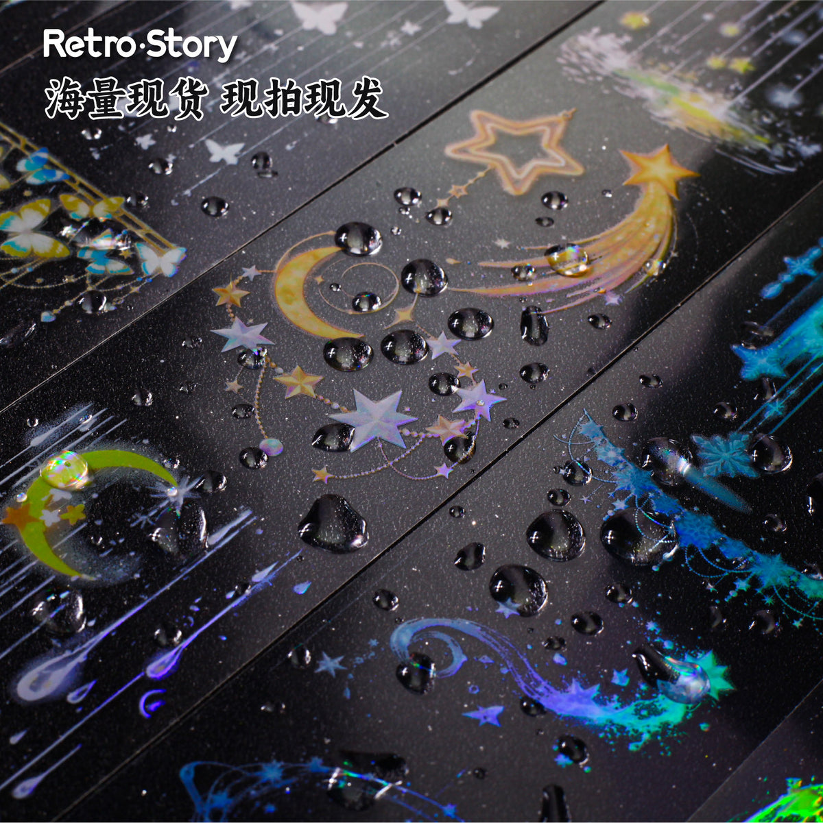 Retrostory Rainy Night Series Laser Tape Stickers with Silver White Die-Cut Pet Tape for Journaling and Ins Material Stickers
