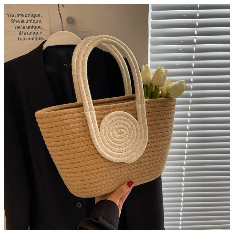 Contrast Cotton Rope Woven Handbag Women's Bag Korean Style Bag New Large Capacity Stylisse Handbag All-match Tote Bag