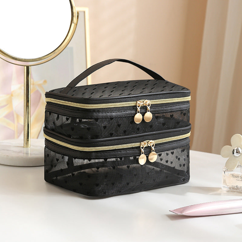 New Style Heart-Shaped Portable Makeup Bag, Single/Double Layer Cosmetic Storage Bag, Simple Mesh Makeup Bag, Travel Makeup Bag