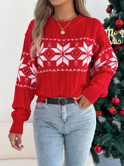 2025 Autumn and Winter European and American Snowflake Pattern Lantern Long Sleeve Pullover Sweater Amazon Cross-Border Women's Clothing Christmas