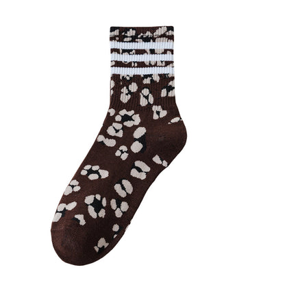 Socks Women's Mid-length Socks Spring and Autumn Korean Style Fashionable Socks Spotted Leopard Print Stockings All-match Non-slip Women's High Socks