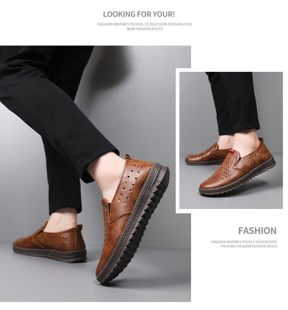 Hollow-Out Leather Shoes for Men, Summer Breathable Soft Leather Low-Top Business Casual Versatile Slip-On Perforated Dad Shoes