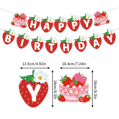 European and American Strawberry Birthday Theme Party Supplies Flags, Flowers, Honeycomb Table Decorations, Desktop Table Decorations