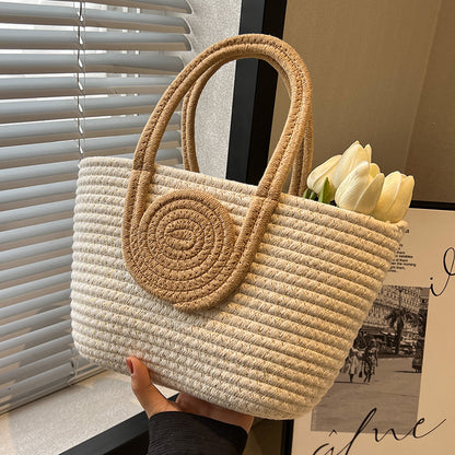 Contrast Cotton Rope Woven Handbag Women's Bag Korean Style Bag New Large Capacity Stylisse Handbag All-match Tote Bag