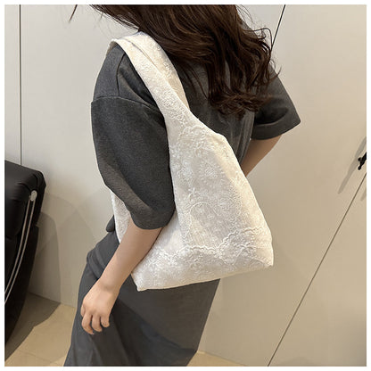 Korean Style Small Fresh Lace Flower Canvas Bag 2025 New Large Capacity Commuter Lazy Style Single Shoulder Large Tote Bag