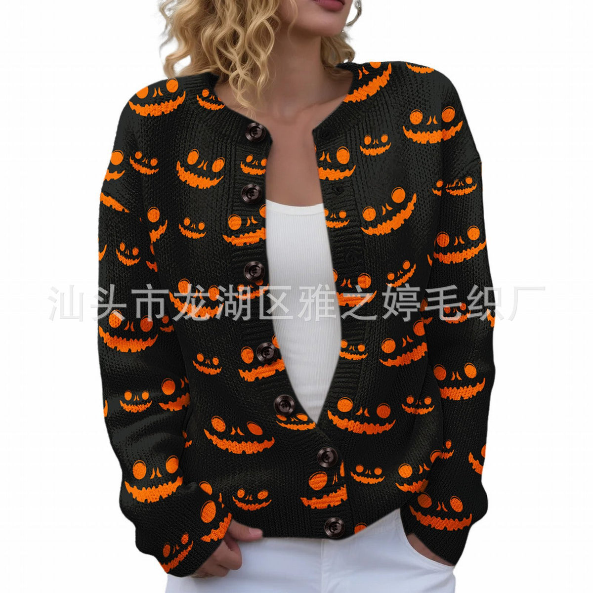 Ll-Yk1 Halloween Cardigan Round Neck Long-Sleeved 3D Printed Sweater European and American Cross-Border Casual Women's Clothing Amazon Theme