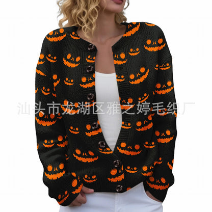 Ll-Yk1 Halloween Cardigan Round Neck Long-Sleeved 3D Printed Sweater European and American Cross-Border Casual Women's Clothing Amazon Theme