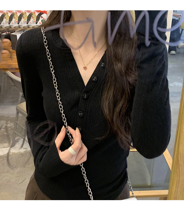 European in stock Korean Style Lazy Relaxation Inner Base T-shirt Women's Early Autumn New Style Elegant Slim-fit Half-open Collar