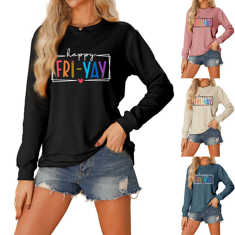 Amazon Ebay Round Neck Sweatshirt Happy Fri Yay Fun Letters Casual Fashion Long-Sleeved Tops in Stock
