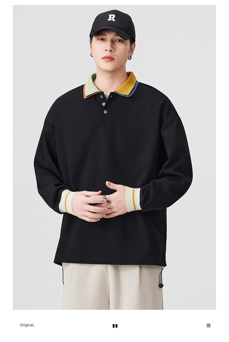 Casual Retro Contrast Color Lapel 280g Sweatshirt High-End Polo Collar Top Trendy Loose Couple Autumn Sweatshirt