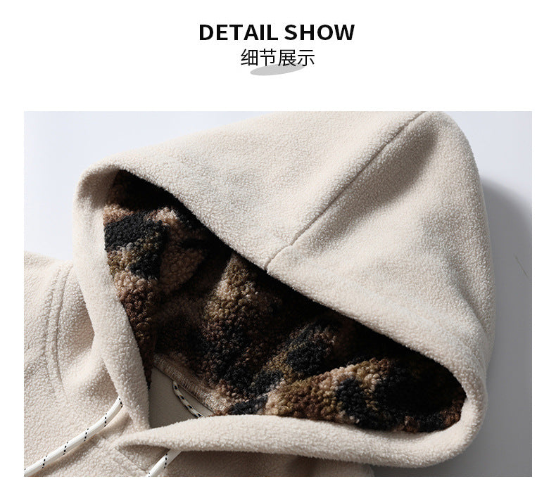 Black Fleet American Casual Style Unisex Versatile Hooded Warm Top Couple Style Hiking Fleece Solid Color Sweatshirt