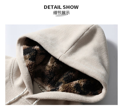 Black Fleet American Casual Style Unisex Versatile Hooded Warm Top Couple Style Hiking Fleece Solid Color Sweatshirt