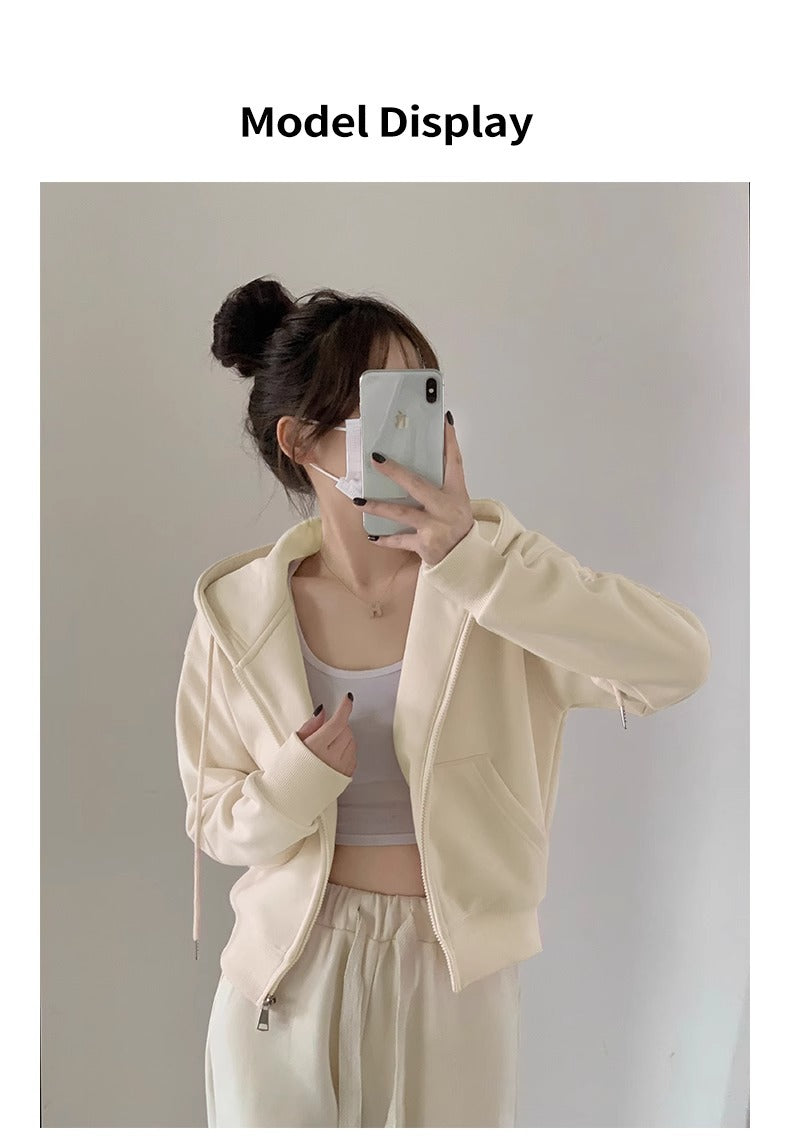 Early Spring Short Hooded Sweatshirt Jacket for Petite Women, Spring Outfit 2026 New Style, Regular Shoulder Cardigan for Spring and Autumn
