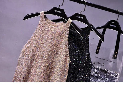 All-Match Summer New Sexy Shoulder Hanging Halter Sequin Strap Ware Shoulder Flash Knitted Hollow Vest Top for Women