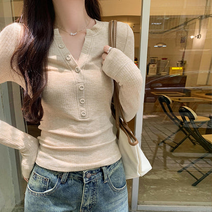 European in stock Korean Style Lazy Relaxation Inner Base T-shirt Women's Early Autumn New Style Elegant Slim-fit Half-open Collar