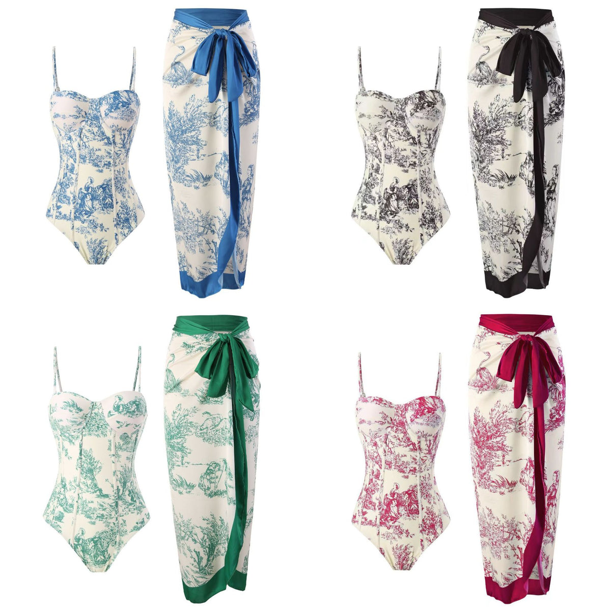 2025 European and American New Style One-Piece Swimsuit for Women, Slim-Fitting, Retro Tie-Up, Sun-Protective Long Skirt Two-Piece Set, Hard-Packed Swimsuit