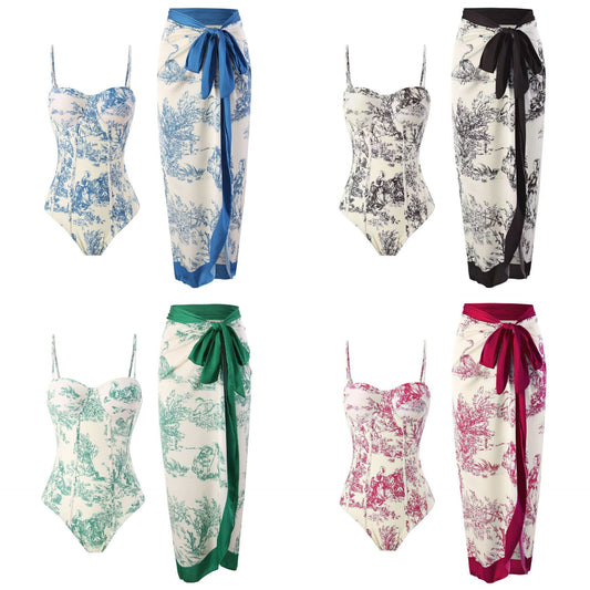 2025 European and American New Style One-Piece Swimsuit for Women, Slim-Fitting, Retro Tie-Up, Sun-Protective Long Skirt Two-Piece Set, Hard-Packed Swimsuit